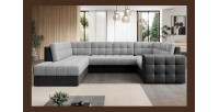 Canapé d’angle convertible MONTEZA gris et noir gauche 299 cm avec coffre et couchage 