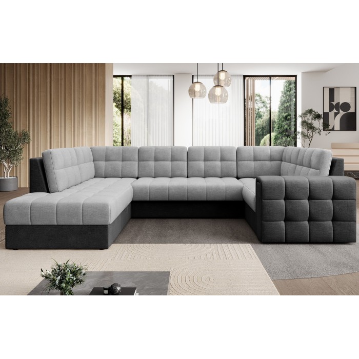 Canapé d’angle convertible MONTEZA gris et noir gauche 299 cm avec coffre et couchage 