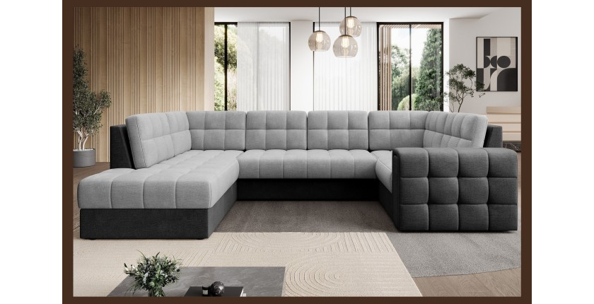 Canapé d’angle convertible MONTEZA gris et noir gauche 299 cm avec coffre et couchage 