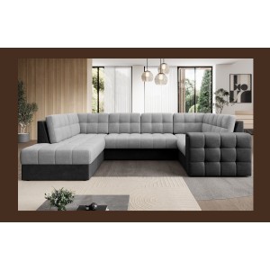 Canapé d’angle convertible MONTEZA gris et noir gauche 299 cm avec coffre et couchage 