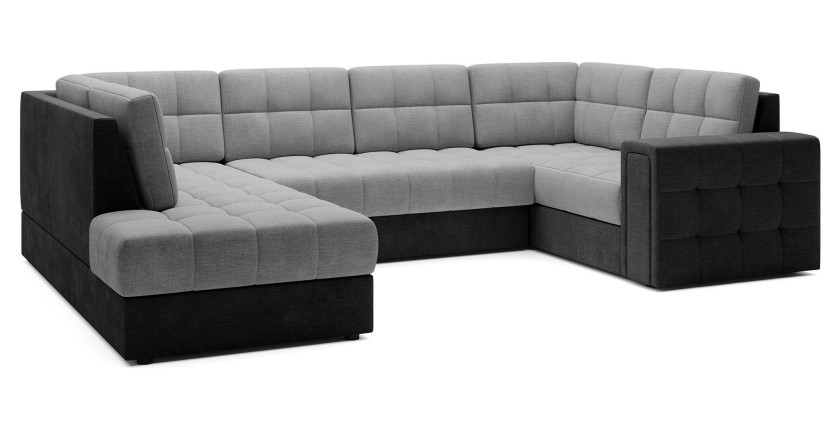 Canapé d’angle convertible MONTEZA gris et noir gauche 299 cm avec coffre et couchage 