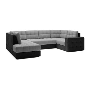 Canapé d’angle convertible MONTEZA gris et noir gauche 299 cm avec coffre et couchage 