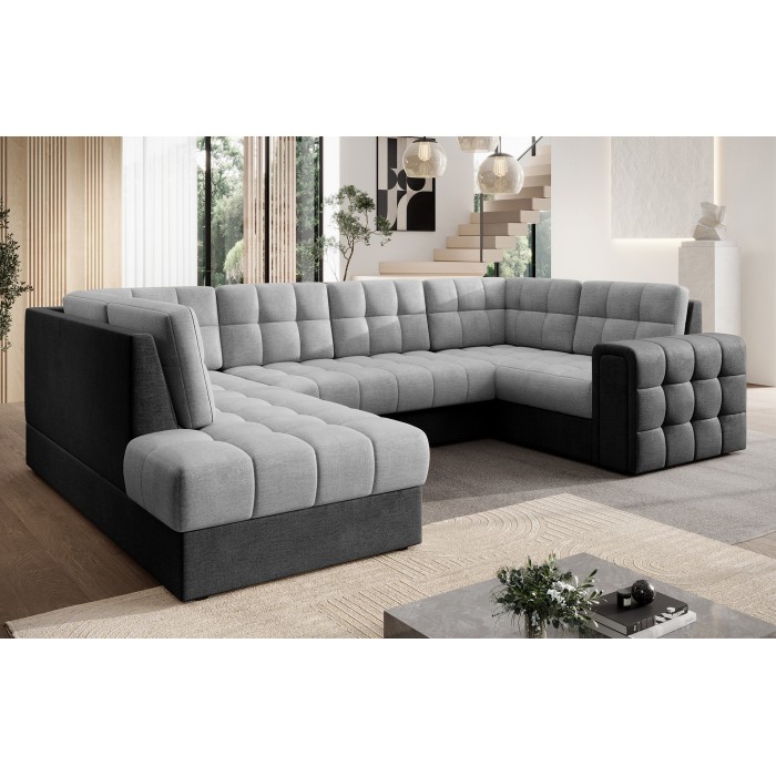 Canapé d’angle convertible MONTEZA gris et noir gauche 299 cm avec coffre et couchage 