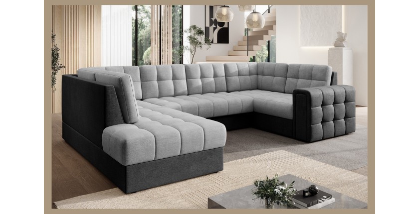 Canapé d’angle convertible MONTEZA gris et noir gauche 299 cm avec coffre et couchage 