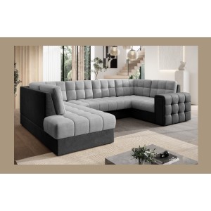 Canapé d’angle convertible MONTEZA gris et noir gauche 299 cm avec coffre et couchage 