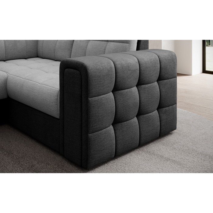 Canapé d’angle convertible MONTEZA gris et noir gauche 299 cm avec coffre et couchage 