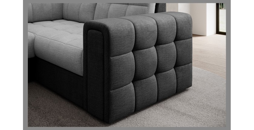 Canapé d’angle convertible MONTEZA gris et noir gauche 299 cm avec coffre et couchage 