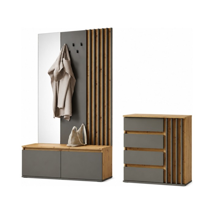 Ensemble meuble d'entrée avec porte-manteau et miroir + commode - Collection NEMO
