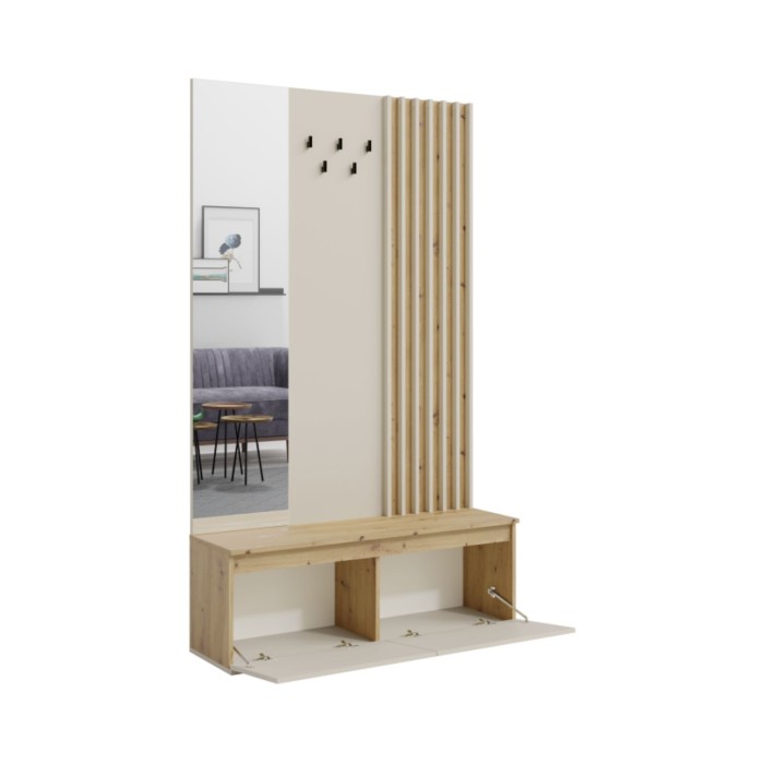 Möbel für den Eingangsbereich NEMO 120 cm mit Garderobenhaken, Spiegel und Stauraum – Helles Eichenholz und Beige Kaschmir