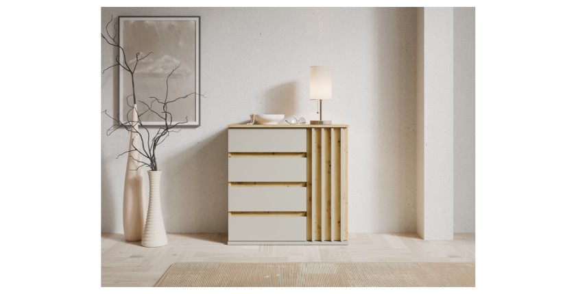 Commode d'entrée NEMO beige cachemire et chêne clair mis en situation