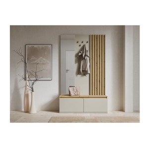 Meuble d'entrée NEMO beige cachemire et chêne clair mis en situation