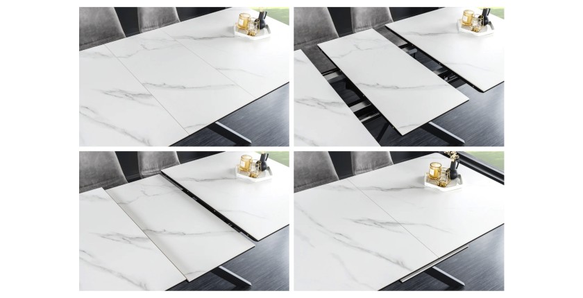 Zoom sur le système d'extension de la table ARAVIS blanche extensible