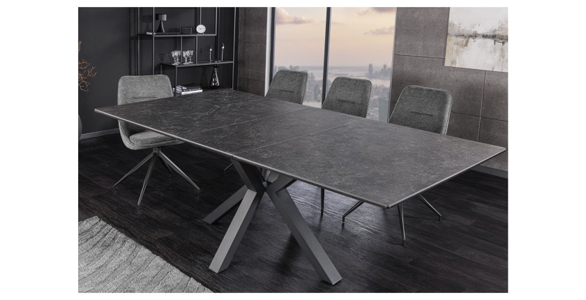 Mesa de comedor extensible LITHOS 160-200 cm – Cerámica gris grafito y base con diseño estrellado