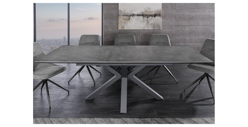 Mesa de comedor extensible LITHOS 160-200 cm – Cerámica gris grafito y base con diseño estrellado