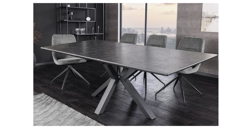Mesa de comedor extensible LITHOS 160-200 cm – Cerámica gris grafito y base con diseño estrellado