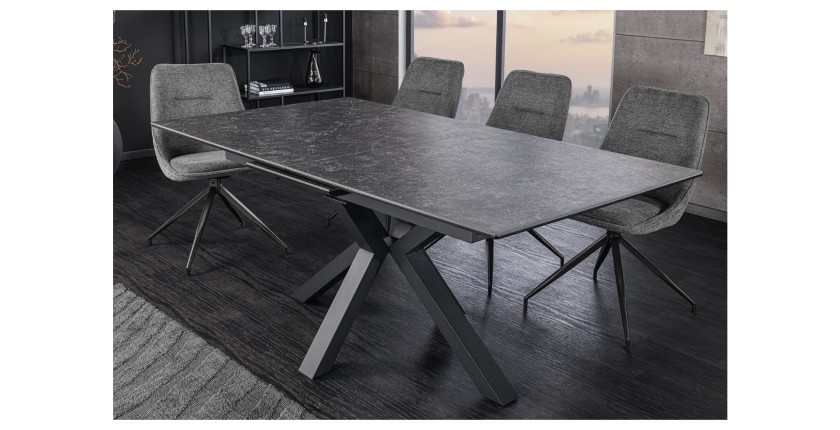 Mesa de comedor extensible LITHOS 160-200 cm – Cerámica gris grafito y base con diseño estrellado