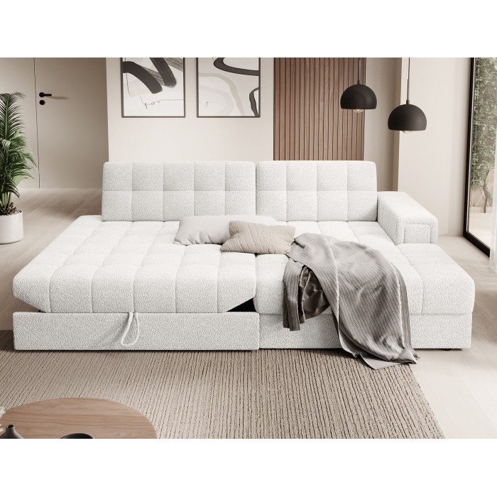 Canapé d’angle convertible CUBITO blanc 240 cm avec coffre de rangement angle droit 