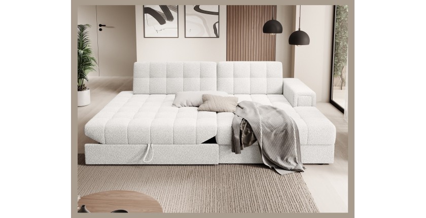 Canapé d’angle convertible CUBITO blanc 240 cm avec coffre de rangement angle droit 