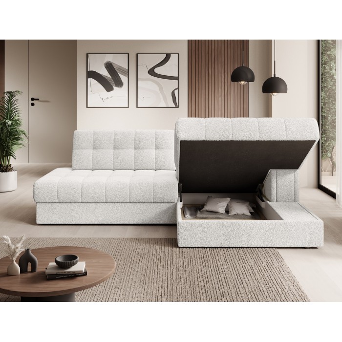 Canapé d’angle convertible CUBITO blanc 240 cm avec coffre de rangement angle droit 