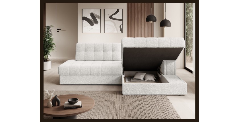 Canapé d’angle convertible CUBITO blanc 240 cm avec coffre de rangement angle droit 