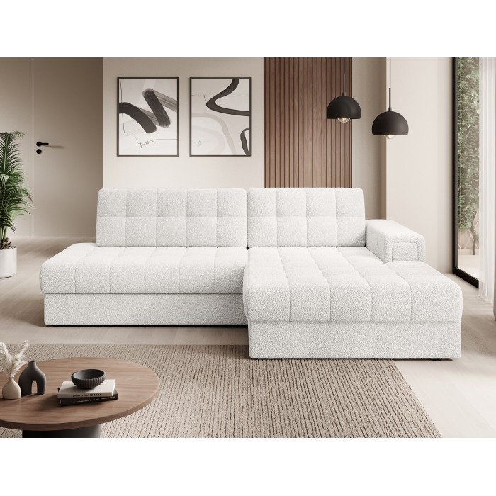 Canapé d’angle convertible CUBITO blanc 240 cm avec coffre de rangement angle droit 