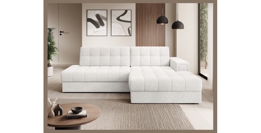 Canapé d’angle convertible CUBITO blanc 240 cm avec coffre de rangement angle droit 