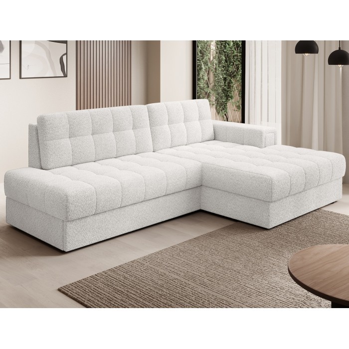 Canapé d’angle convertible CUBITO blanc 240 cm avec coffre de rangement angle droit 