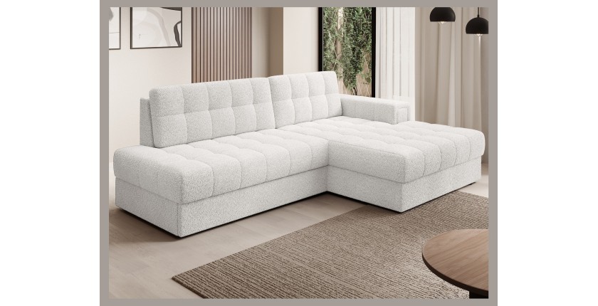 Canapé d’angle convertible CUBITO blanc 240 cm avec coffre de rangement angle droit 