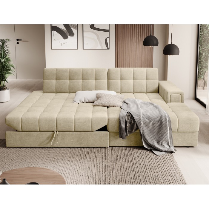 Canapé d’angle convertible CUBITO beige 240 cm avec coffre et couchage 