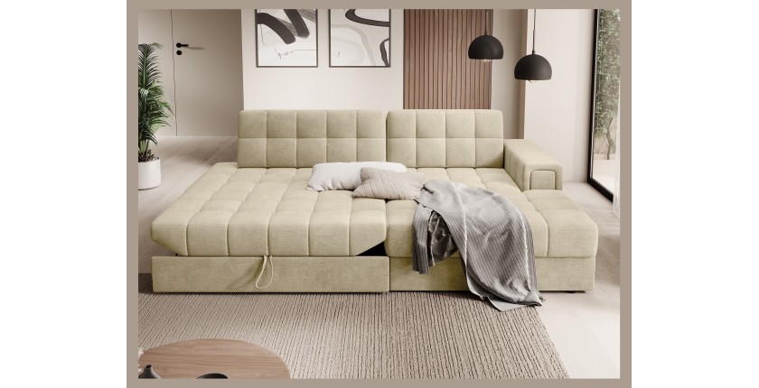 Canapé d’angle convertible CUBITO beige 240 cm avec coffre et couchage 