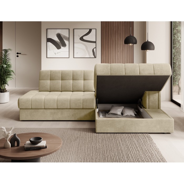 Canapé d’angle convertible CUBITO beige 240 cm avec coffre et couchage 