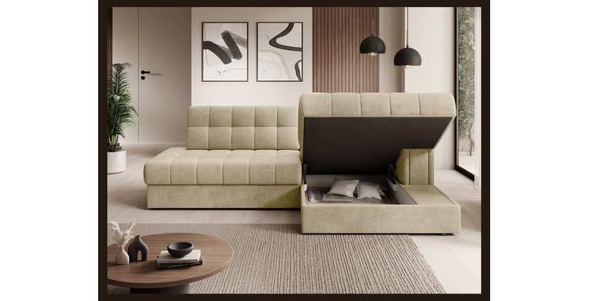Canapé d’angle convertible CUBITO beige 240 cm avec coffre et couchage 