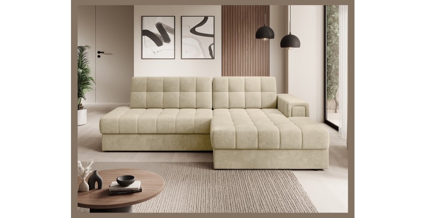 Canapé d’angle convertible CUBITO beige 240 cm avec coffre et couchage 