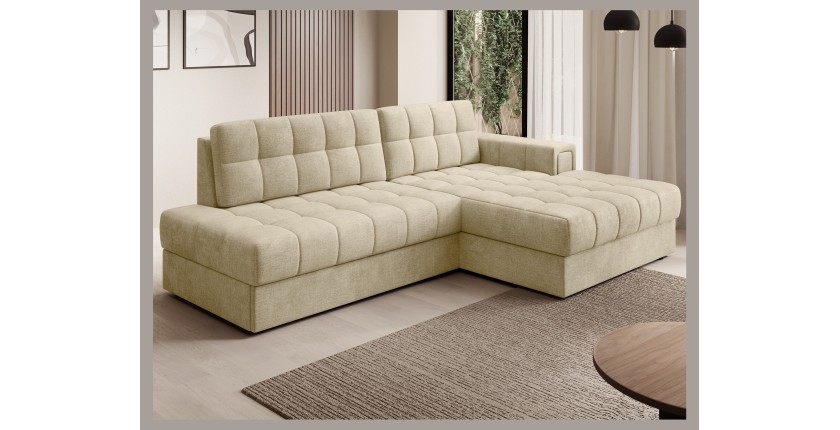 Canapé d’angle convertible CUBITO beige 240 cm avec coffre et couchage 