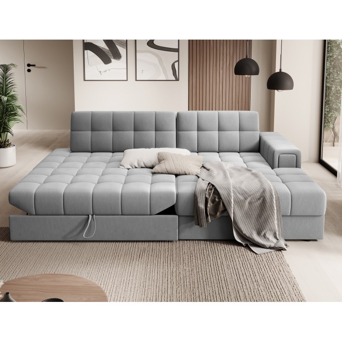 Canapé d’angle convertible CUBITO gris 240 cm avec coffre et couchage 