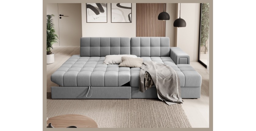 Canapé d’angle convertible CUBITO gris 240 cm avec coffre et couchage 