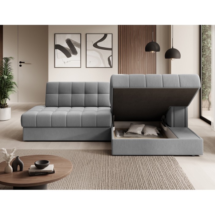 Canapé d’angle convertible CUBITO gris 240 cm avec coffre et couchage 