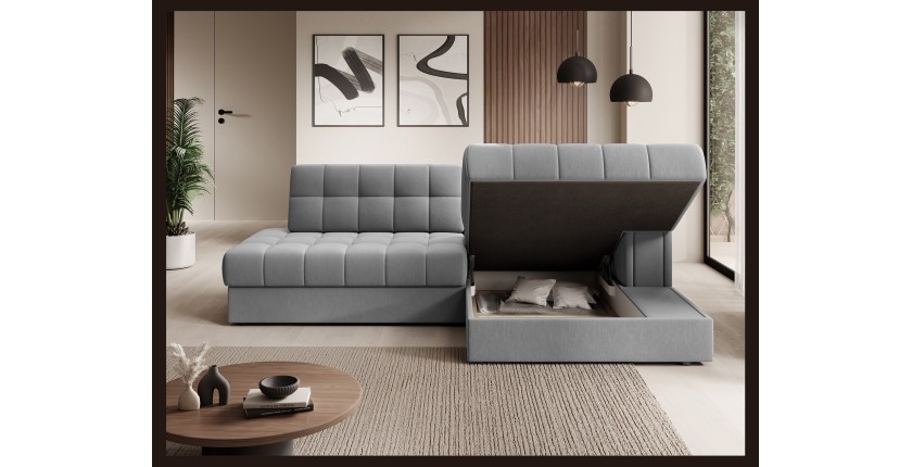 Canapé d’angle convertible CUBITO gris 240 cm avec coffre et couchage 