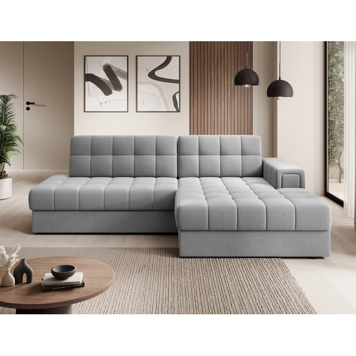 Canapé d’angle convertible CUBITO gris 240 cm avec coffre et couchage 