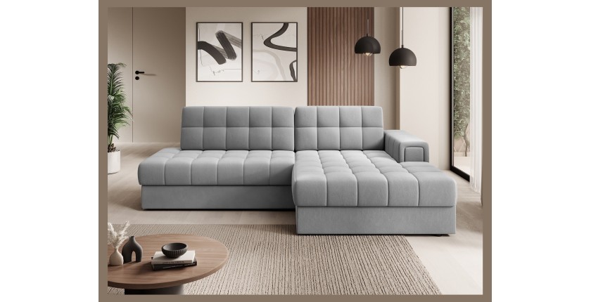 Canapé d’angle convertible CUBITO gris 240 cm avec coffre et couchage 