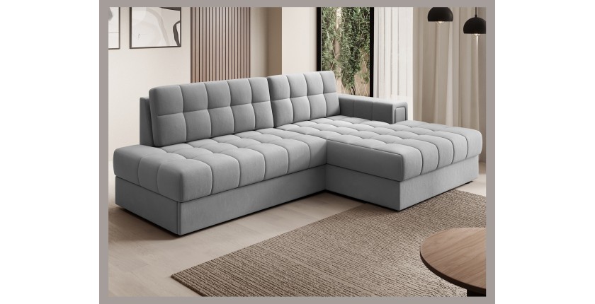 Canapé d’angle convertible CUBITO gris 240 cm avec coffre et couchage 