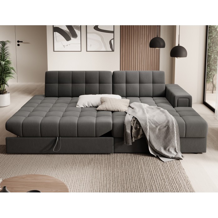 Canapé d’angle convertible CUBITO marron 240 cm avec coffre et couchage 