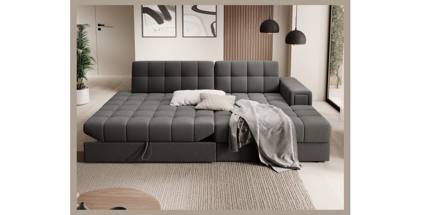 Canapé d’angle convertible CUBITO marron 240 cm avec coffre et couchage 