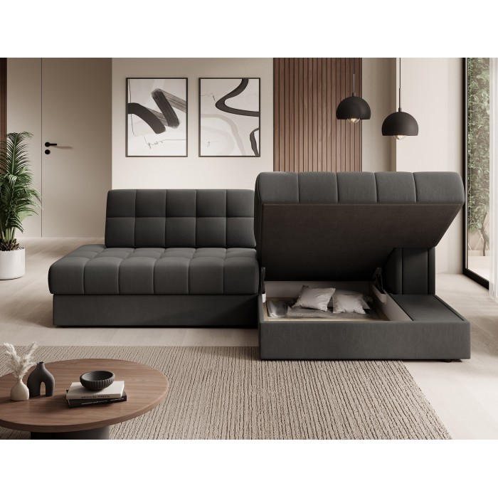 Canapé d’angle convertible CUBITO marron 240 cm avec coffre et couchage 