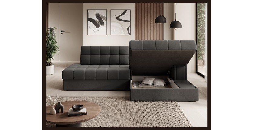 Canapé d’angle convertible CUBITO marron 240 cm avec coffre et couchage 