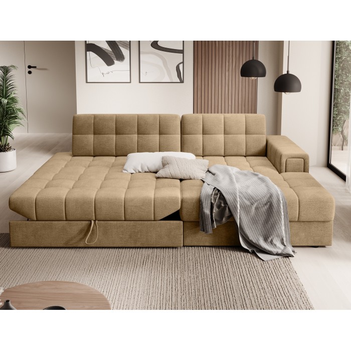 Canapé d’angle convertible CUBITO beige 240 cm avec coffre et couchage 