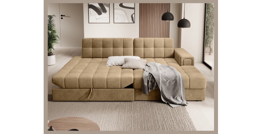Canapé d’angle convertible CUBITO beige 240 cm avec coffre et couchage 