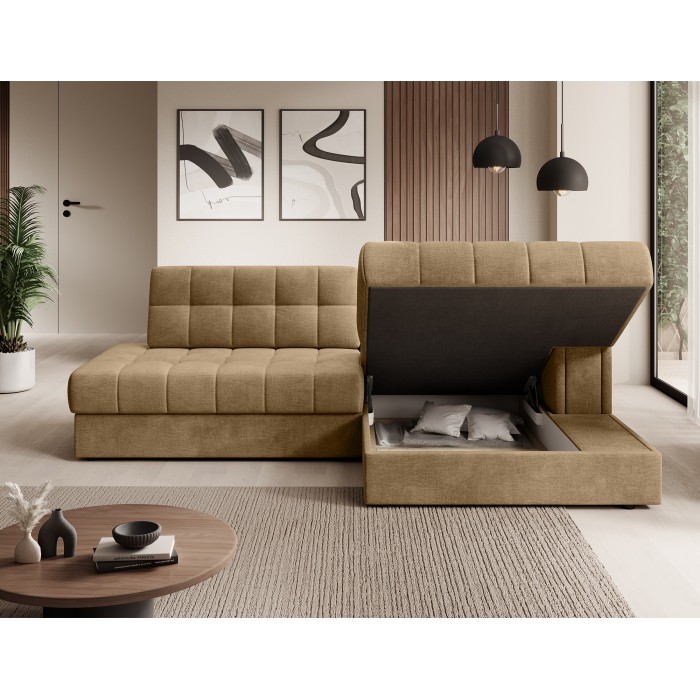 Canapé d’angle convertible CUBITO beige 240 cm avec coffre et couchage 