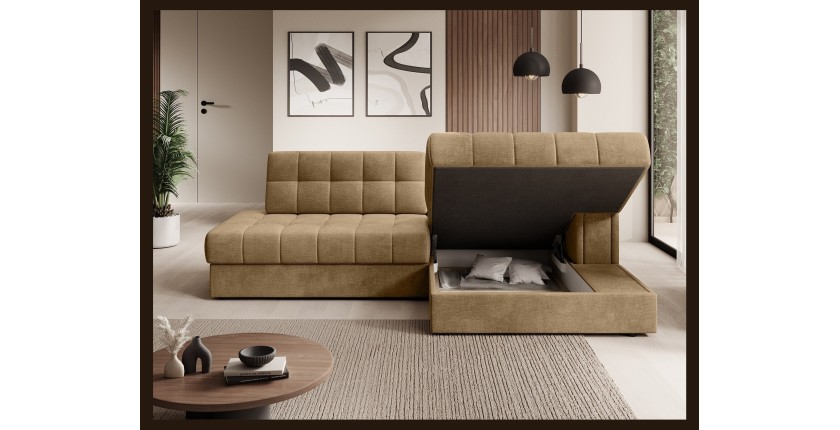 Canapé d’angle convertible CUBITO beige 240 cm avec coffre et couchage 