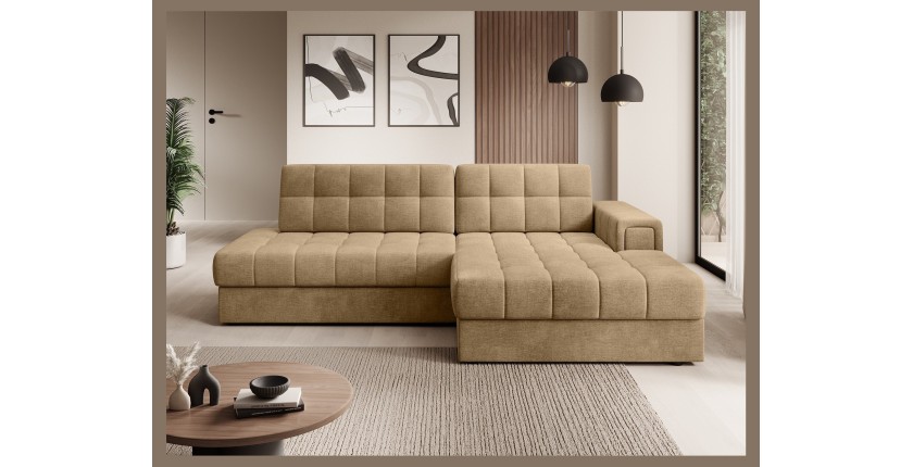 Canapé d’angle convertible CUBITO beige 240 cm avec coffre et couchage 